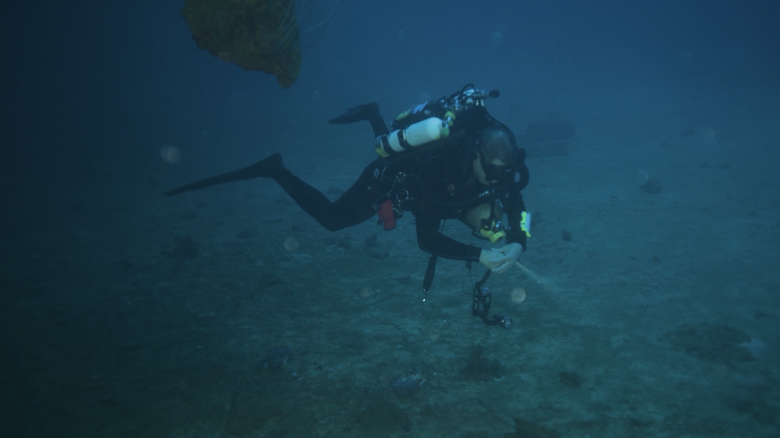 A rebreather diver at depth