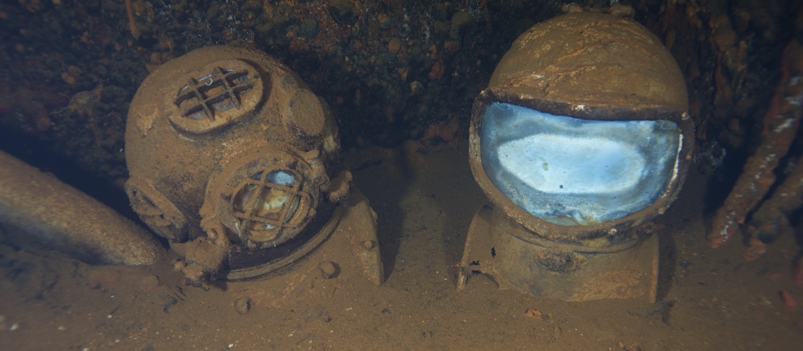 Two diving helmets inside the wreck of the USS Saratoga, Bikini Atoll