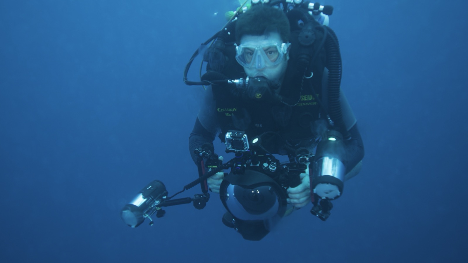 A rebreather diver on a decompression stop